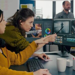 Art video director explaning steps for prosessing film montage