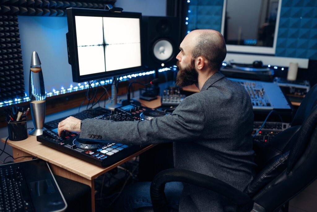 Sound engineer at the monitor, recording studio
